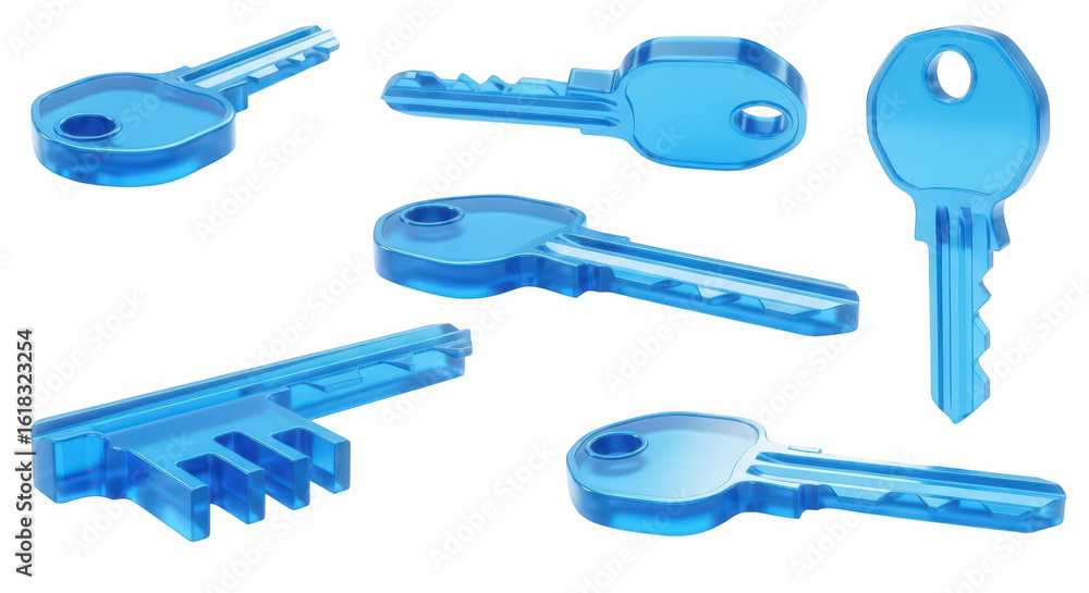 Aufkleber blue translucent keys isolated on white arranged showing security concept with blurred background fo