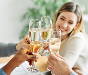 A portrait of young businesspeople celebrating business success with a tost  in the office, teamwork and togetherness concept