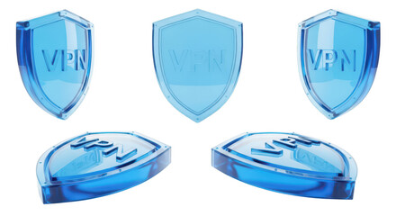 3D VPN shield icons isolated on white representing digital privacy protection with other angles for tech security or online safety