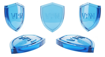 3D VPN shield icons isolated on white representing digital privacy protection with other angles for tech security or online safety