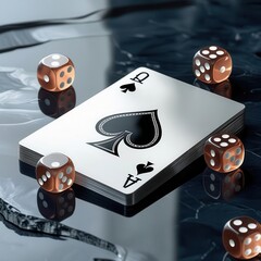 Ace of Spades and Copper Dice on a Reflective Marble Surface