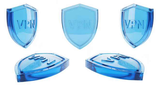 3D VPN shield icons isolated on white representing digital privacy protection with other angles for tech security or online safety
