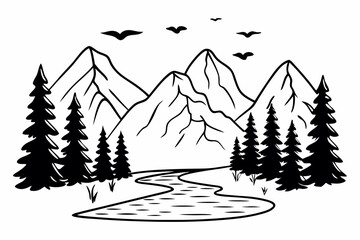 Obraz premium Scenic vector line drawing of mountains, river, trees, and birds, hand-drawn style, detailed outline, calm and relaxing composition for coloring pages