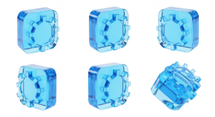 Transparent blue gears displayed in various orientations on a white background showcasing technological elements for UI/UX design or data visualization