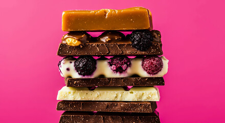 Assorted chocolate bars with caramel and berries.