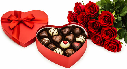 Heart-shaped box of chocolates and roses.