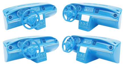Blue car dashboard models in various angles isolated on white showcasing interior design & automotive technology for 3D modeling use