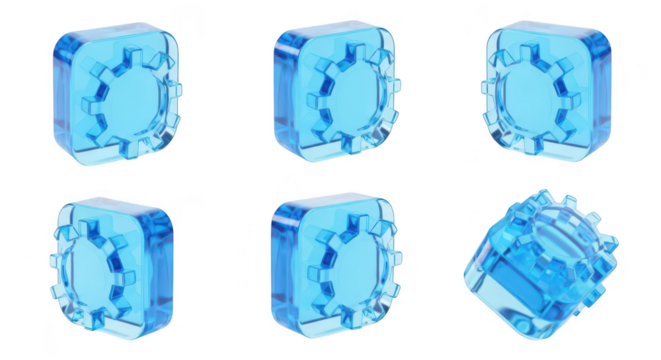 Transparent blue gears displayed in various orientations on a white background showcasing technological elements for UI/UX design or data visualization - Powered by Adobe