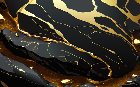 An abstract background with shattered black surfaces revealing rich gold cracks and fragmented golden shapes, creating a luxurious and fractured aesthetic.