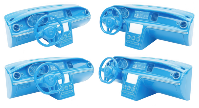 Blue car dashboard models in various angles isolated on white showcasing interior design & automotive technology for 3D modeling use - Powered by Adobe