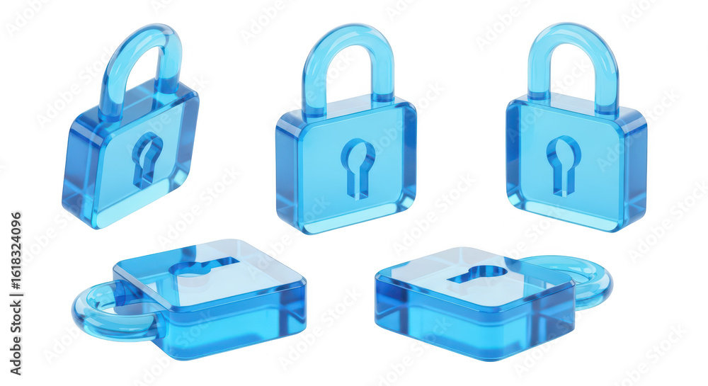Aufkleber transparent blue padlocks in various positions on white background signifying security and data prot