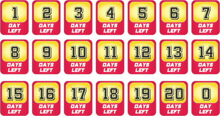 Days Left promotional countdown Design badge, banner collection Red and Yellow o to 20