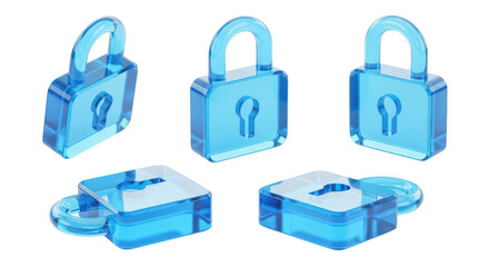 Transparent blue padlocks in various positions on white background signifying security and data protection ideal for websites