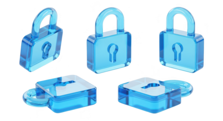 Transparent blue padlocks in various positions on white background signifying security and data protection ideal for websites