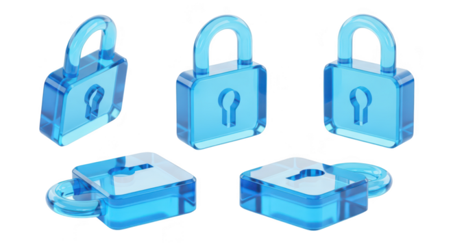 Transparent blue padlocks in various positions on white background signifying security and data protection ideal for websites