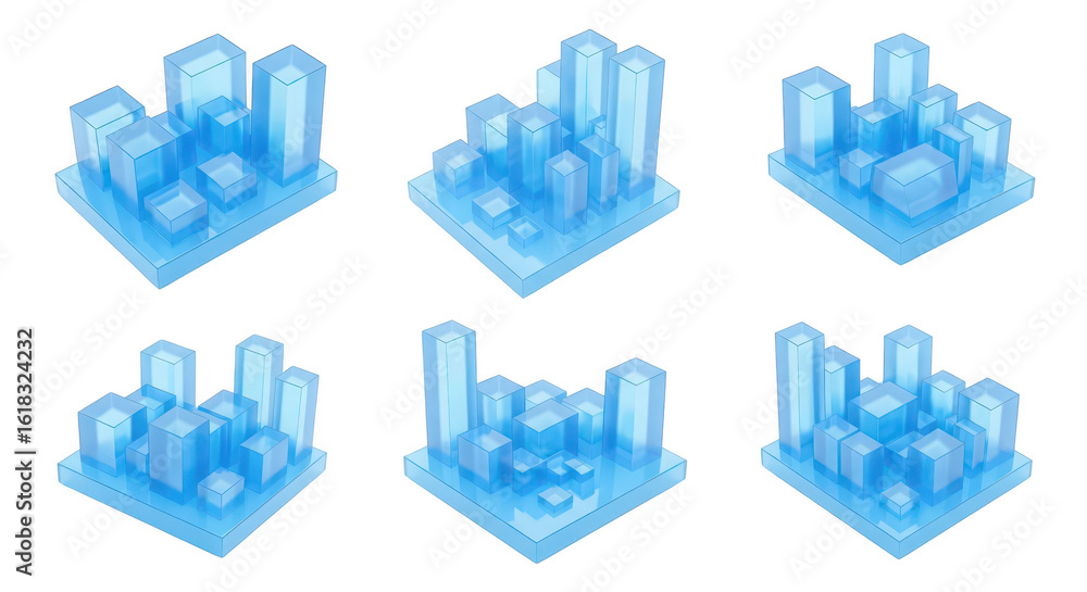 Aufkleber blue 3d data visualization models arranged on a white surface with variations for infographics illus