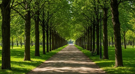 Lush green tree lined pathway in sunlight