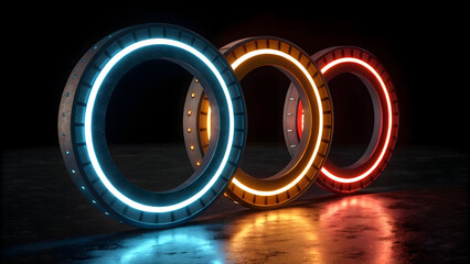 Three Futuristic Rings with Neon Glow in Blue Orange and Red on Dark technology background new latest web ai background futuristic hud cyber security neural network data tech download ai background