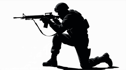 Black silhouette of a soldier in a combat stance isolated on a white background