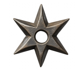 Antique japanese shuriken on a transparent background displaying detailed metal texture