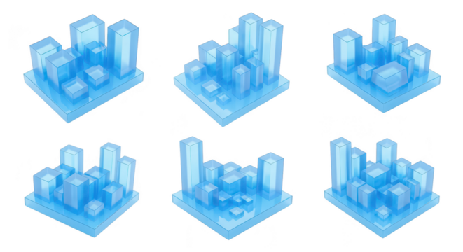 Blue 3D data visualization models arranged on a white surface with variations for infographics illustrating information concepts