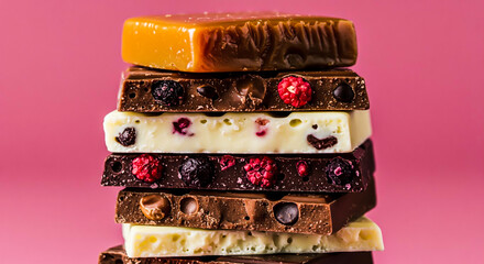 Assorted chocolate bars with berries and caramel.