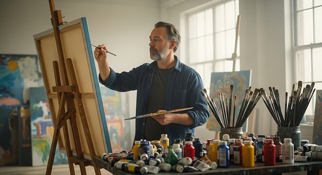 Mature male artist working on a canvas in his studio filled with natural light