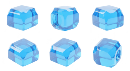 6 blue gem cubes isolated on white showcasing different angles ideal for abstract designs and digital art