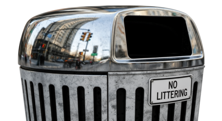 Metal trash can with no littering sign urban street reflection