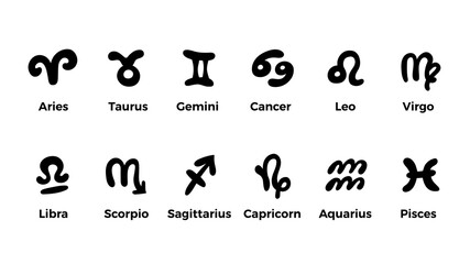 Astrological zodiac signs set. Vector illustration, simple flat symbols design for articles, newspapers, magazines. 12 astrological elements. Astrology horoscope icons, isolated on white background