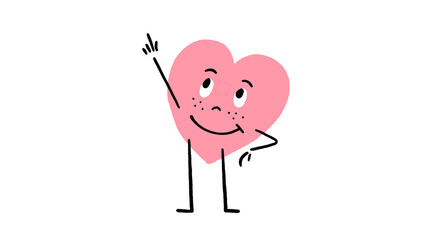Cute Pink Heart Hand-Drawn Character Pointing Up - video also available