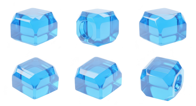 6 blue gem cubes isolated on white showcasing different angles ideal for abstract designs and digital art