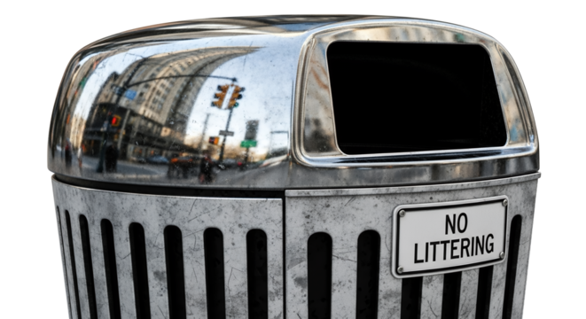 Metal trash can with no littering sign urban street reflection