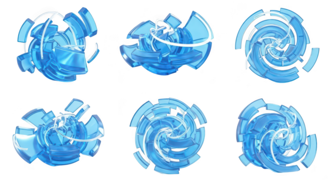 Blue transparent 3D abstract objects rotate and swirl on a white background conceptualizing technology or data