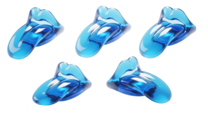 5 abstract blue tongue-shaped objects floating in a bright studio environment possibly for art or design