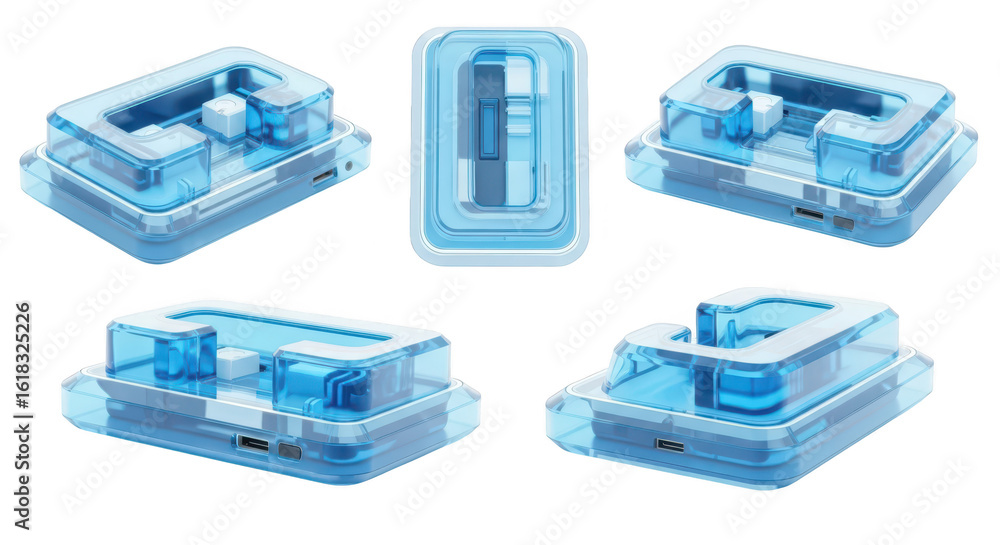 Poster transparent blue electronics device shown from multiple angles against a white background depicting 