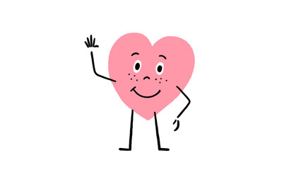 Cute Pink Heart Hand-Drawn Character Waving - video also available