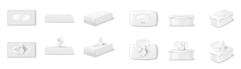 Set of tissue boxes with different designs and perspectives. White modern aesthetic. Ideal for hygiene products promotions. Clean and simple packaging concept.