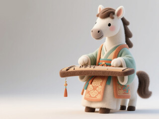 Whimsical Anthropomorphic Horse Playing Chinese Zither: Creative 3D Illustration for Year of the Horse. Abstract Commercial Background with Felt Texture for Financial Tech Themes, Annual Meetings, and