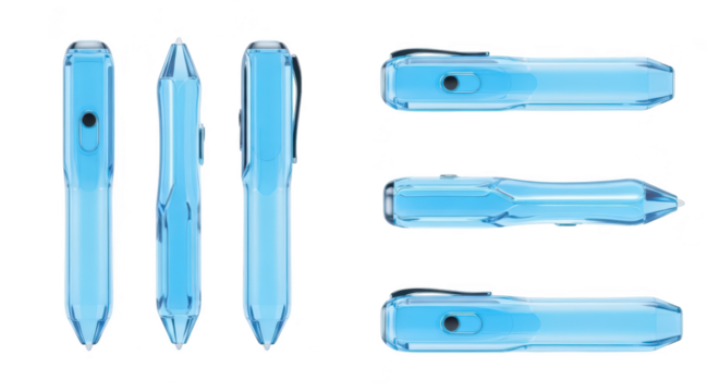 Transparent blue pen multiple views on white showcasing design and functionality suitable for stationery or design concepts