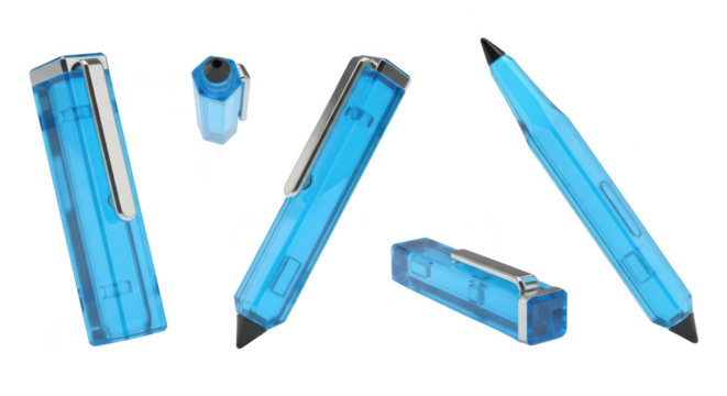 Blue pen multiple angles on white Isolated illustrating writing design office school with transparent body & silver clip for stationery concepts