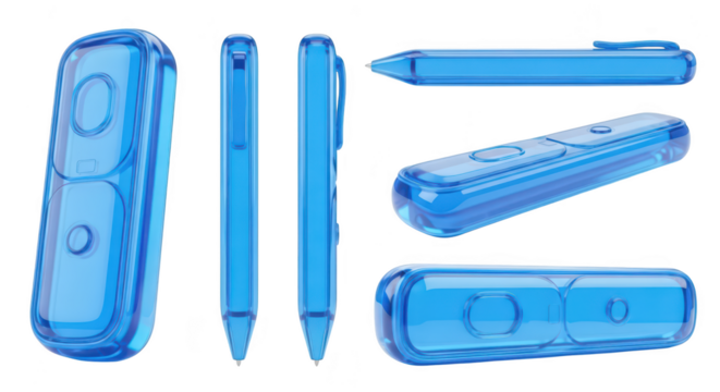 Transparent blue clicker pen on white background various views for presentation highlighting details