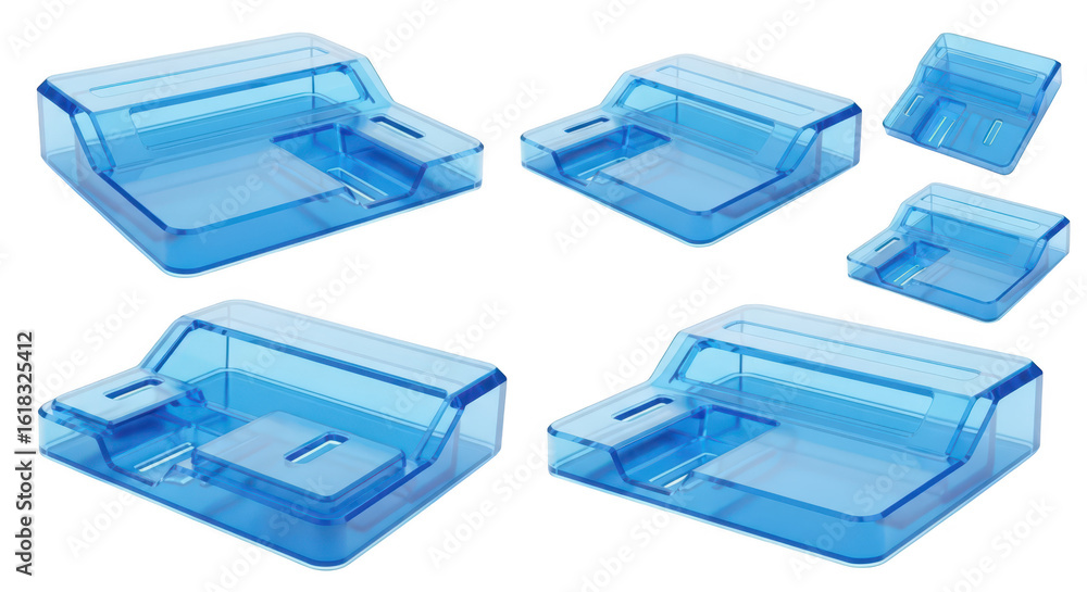 Aufkleber rendered image of translucent blue plastic electronics shells arranged on a white studio background 