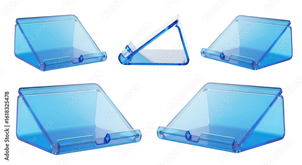 Aufkleber blue acrylic tablet stand displayed from multiple angles against white background illustrating produ