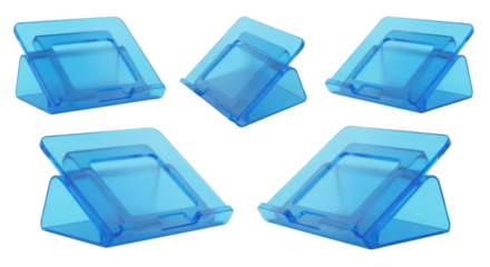 Blue acrylic device stands angled studio shot arranged on white backdrop for display and presentation purposes