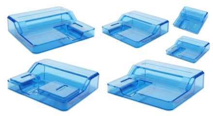 Rendered image of translucent blue plastic electronics shells arranged on a white studio background used for product design and prototyping