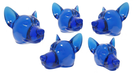 Five translucent blue dog head sculptures rotate on white surface showcasing modeling and artistic design potential