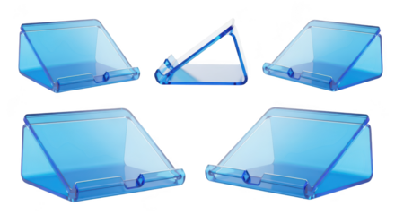 Blue acrylic tablet stand displayed from multiple angles against white background illustrating product design and functionality