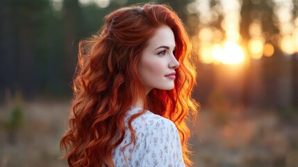 This elegant profile silhouette of a redheaded woman against a stunning sunset captures a moment of reflection, showcasing the beauty of nature and the allure of individuality.