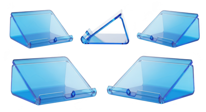 Blue acrylic tablet stand displayed from multiple angles against white background illustrating product design and functionality